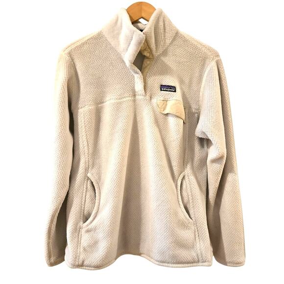 Patagonia Polartec Re-Tool Quarter Snap Fleece Cream Gray Pockets Womens Large - Picture 1 of 11